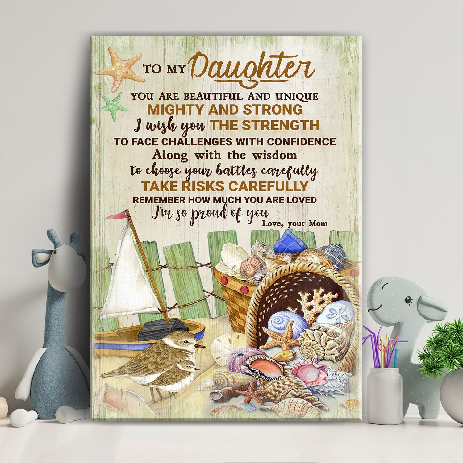 Mom to daughter, Seashells Basket, Beach, You're beautiful and unique - Family Portrait Canvas Prints, Wall Art