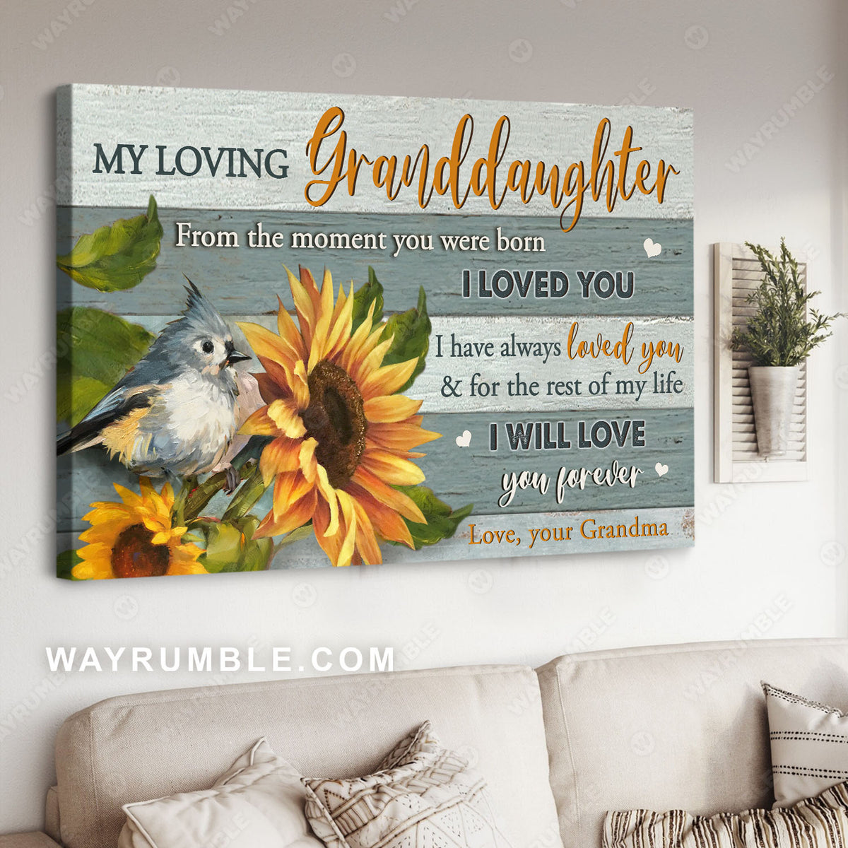Grandma to granddaughter, Sunflower painting, Sparrow, I will love you forever - Family Landscape Canvas Prints, Wall Art