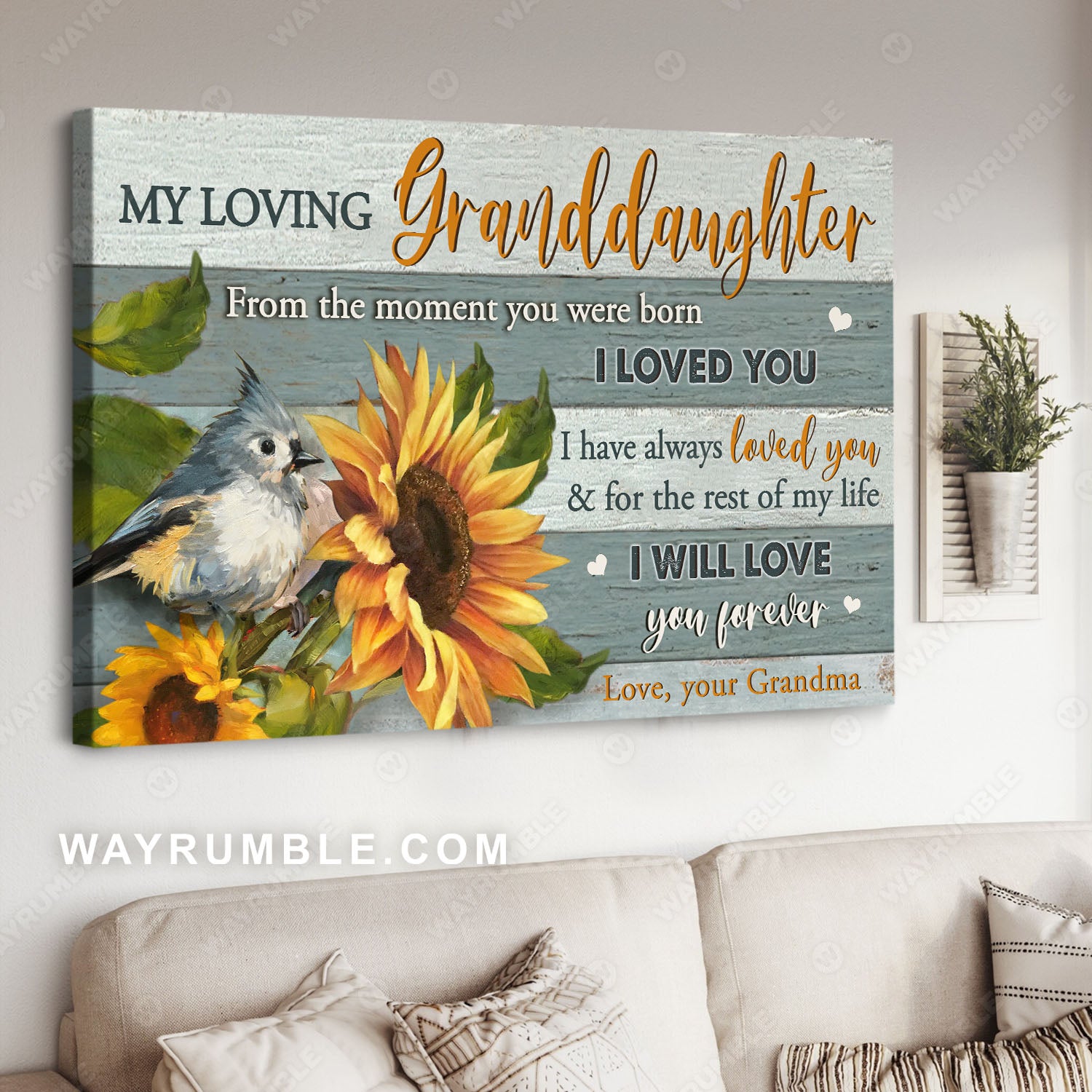 Grandma to granddaughter, Sunflower painting, Sparrow, I will love you forever - Family Landscape Canvas Prints, Wall Art