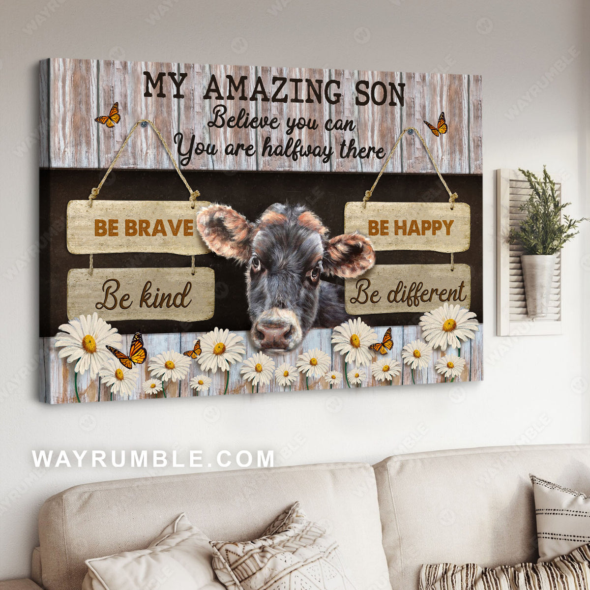 My amazing son, Cow painting, Daisy flower, On the farm, Be brave Be Happy Be kind Be different - Family Landscape Canvas Prints, Wall Art