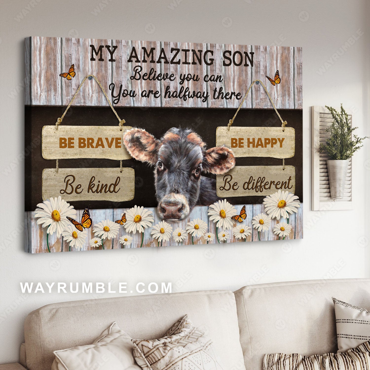 My amazing son, Cow painting, Daisy flower, On the farm, Be brave Be Happy Be kind Be different - Family Landscape Canvas Prints, Wall Art