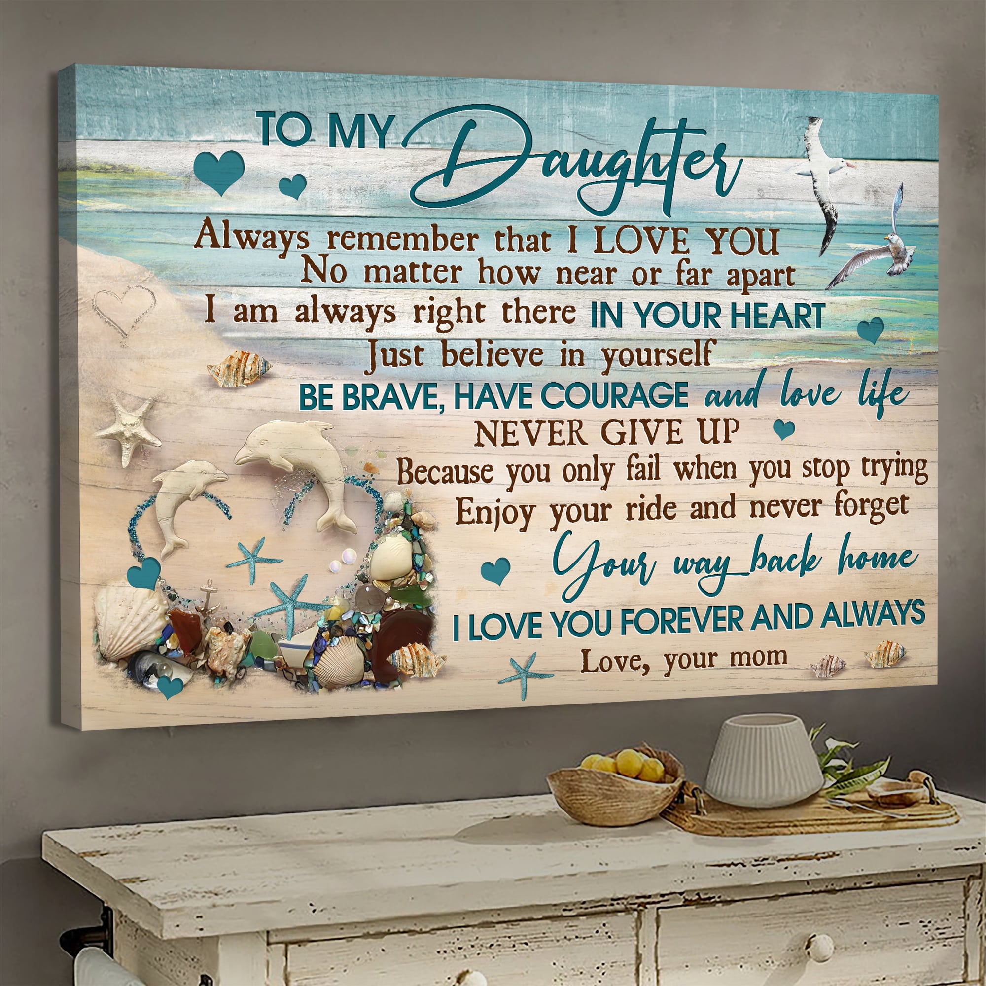 Mom to daughter, Beach drawing, White dolphin, I'm always right there in your heart - Family Landscape Canvas Prints, Wall Art