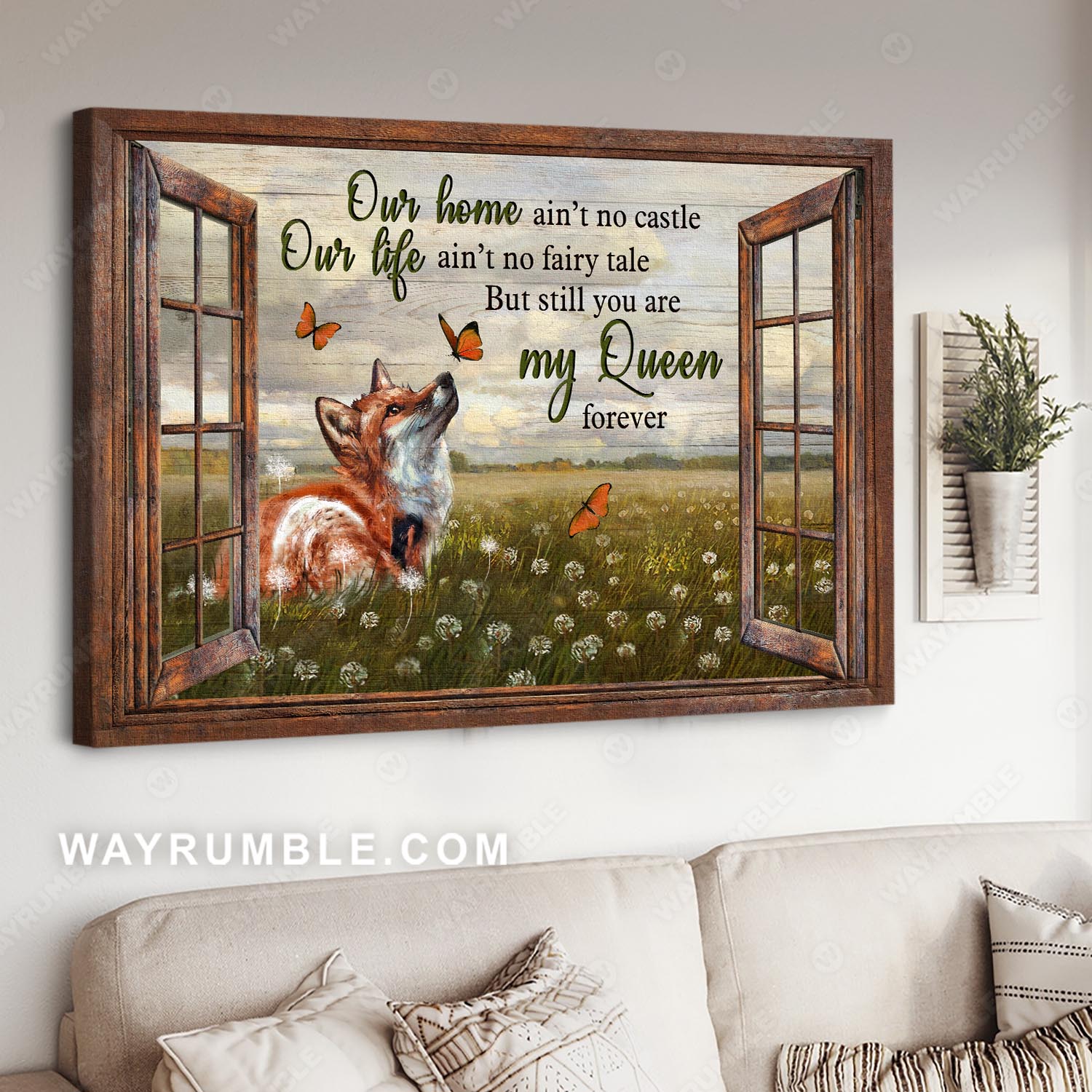 To my wife, Meadow landscape, Little fox painting, Window frame, You are my queen forever - Couple Landscape Canvas Prints, Wall Art