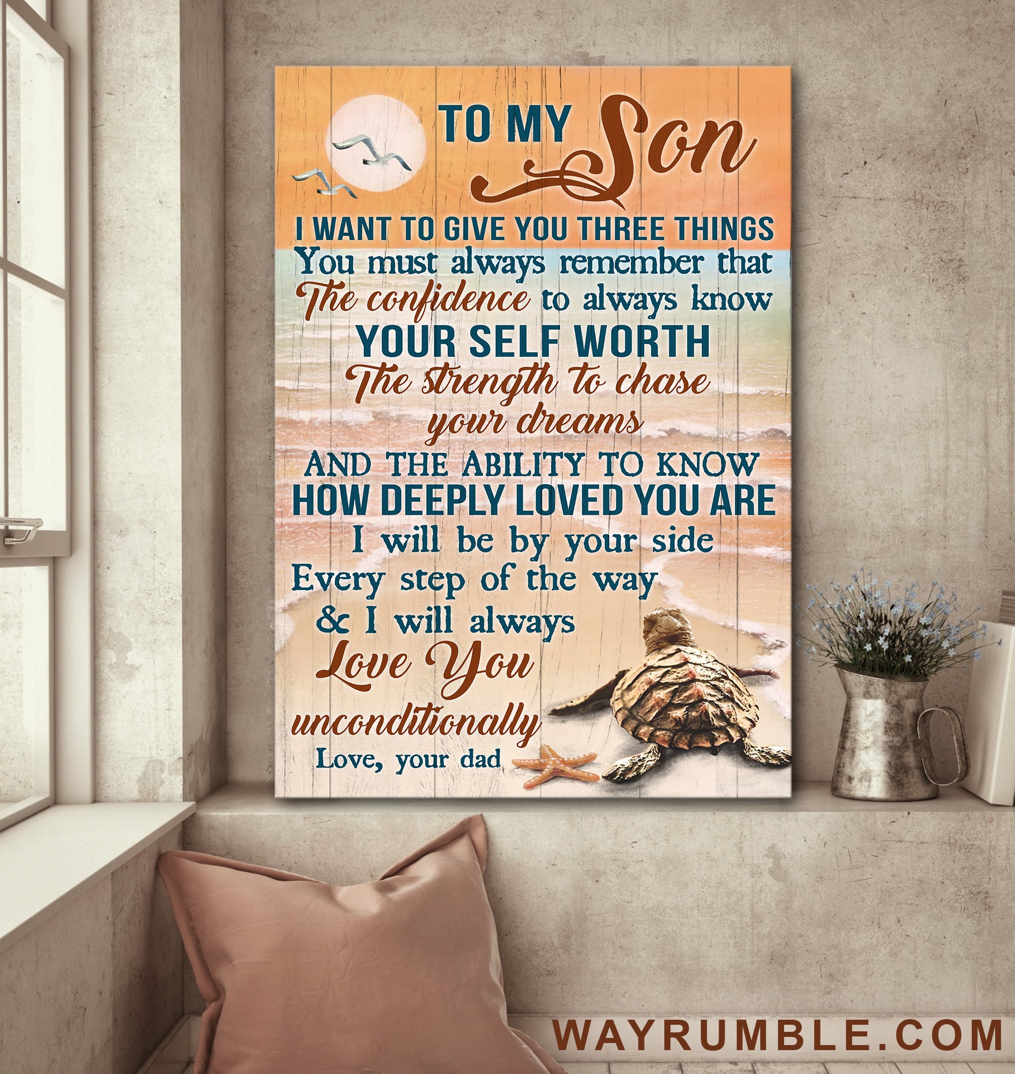 Dad to son, Turtle, Sunset Beach, I will always love you unconditionally - Family Portrait Canvas Prints, Wall Art