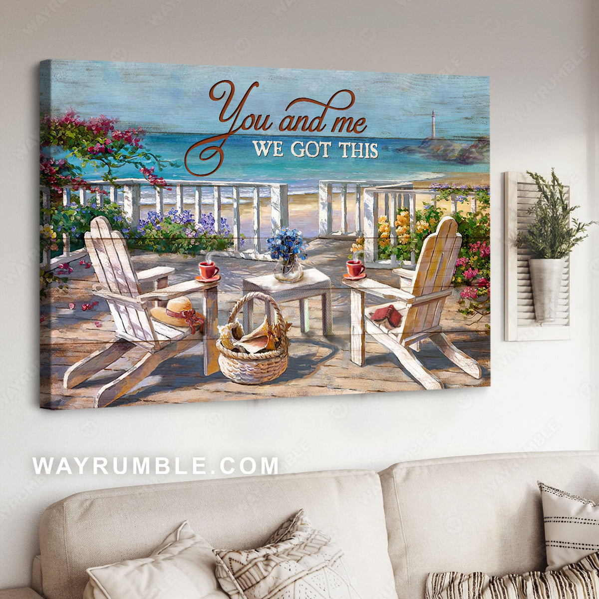 Wooden chair, Afternoon tea, Beach view, Colorful flower, You and me we got this - Family Landscape Canvas Prints, Wall Art