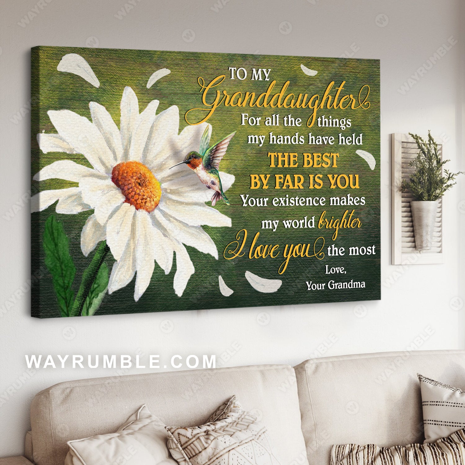 Grandma to granddaughter, Daisy flower painting, Green background, Your existence makes my world brighter - Family Landscape Canvas Prints, Wall Art