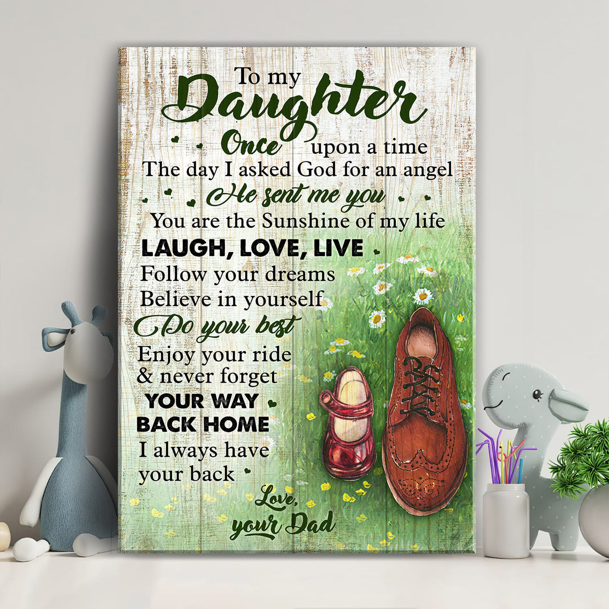 Father to daughter, Shoes, Grassland, I asked God for an angel and he sent me you - Family Portrait Canvas Prints, Wall Art