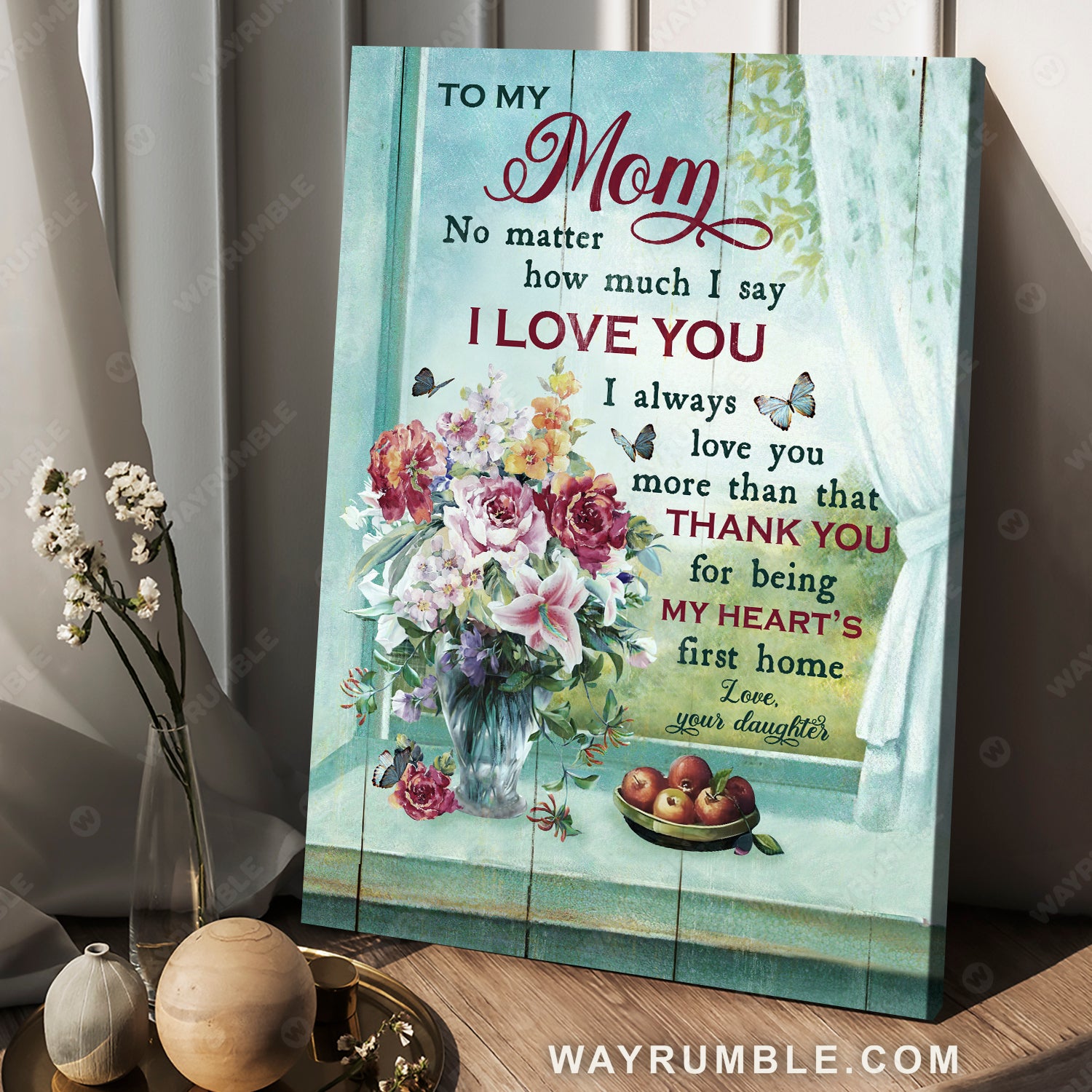 Daughter to mom, Vintage window, Flower vase, Thank you for being my heart's first home - Family Portrait Canvas Prints, Wall Art