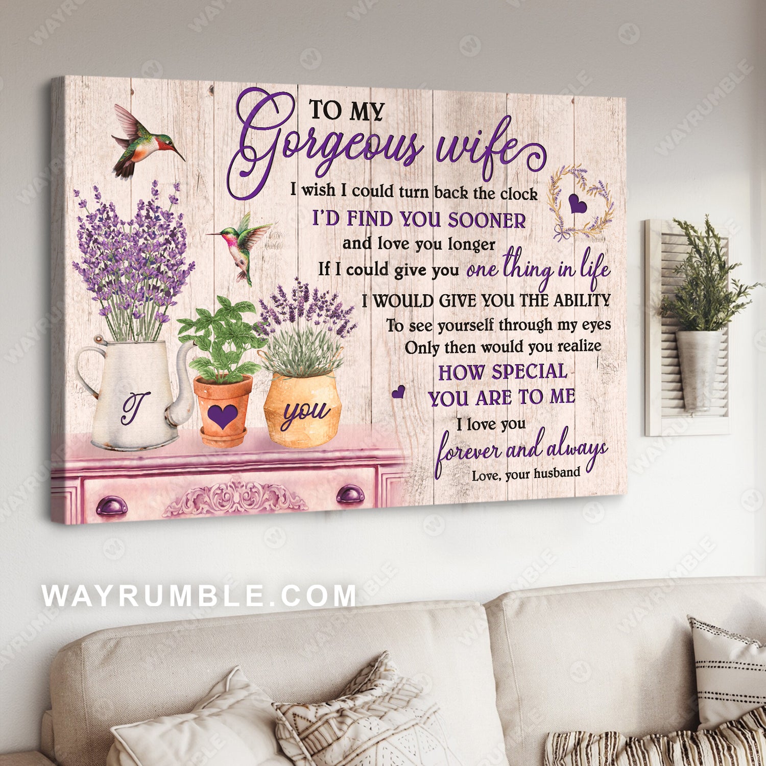 To my wife, Lavender vase, Vintage painting, I love you forever and always - Couple Landscape Canvas Prints, Wall Art