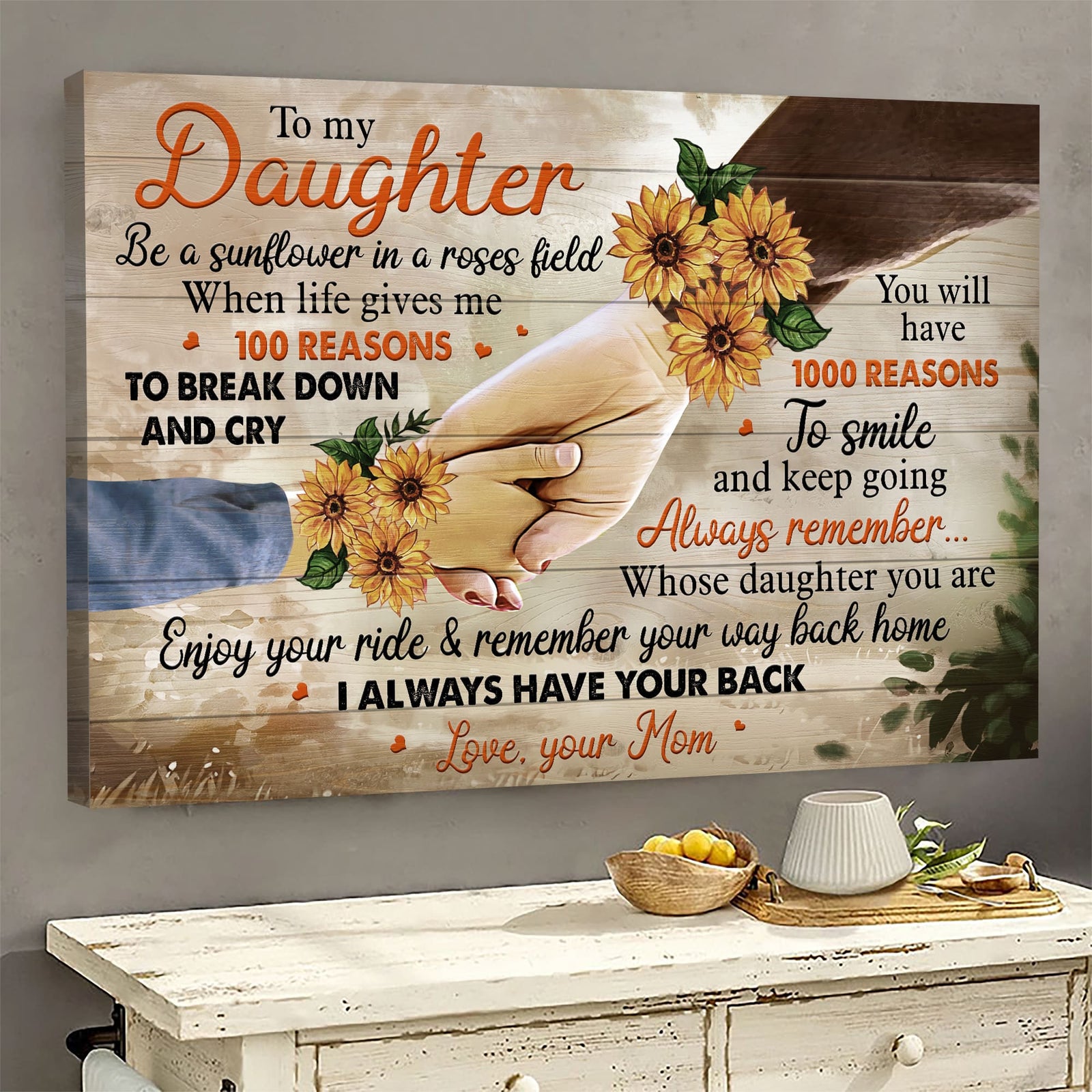 Mom to daughter, Holding hand, Sunflower, Enjoy your ride & remember your way back home - Family Landscape Canvas Prints, Wall Art
