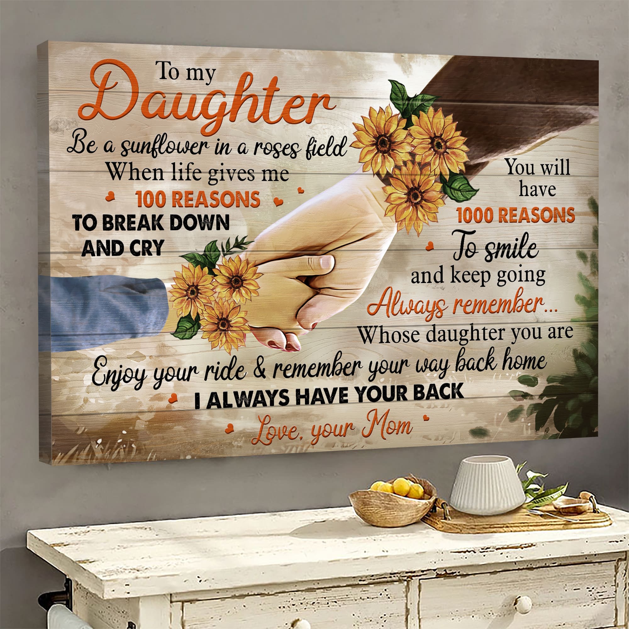 Mom to daughter, Holding hand, Sunflower, Enjoy your ride & remember your way back home - Family Landscape Canvas Prints, Wall Art