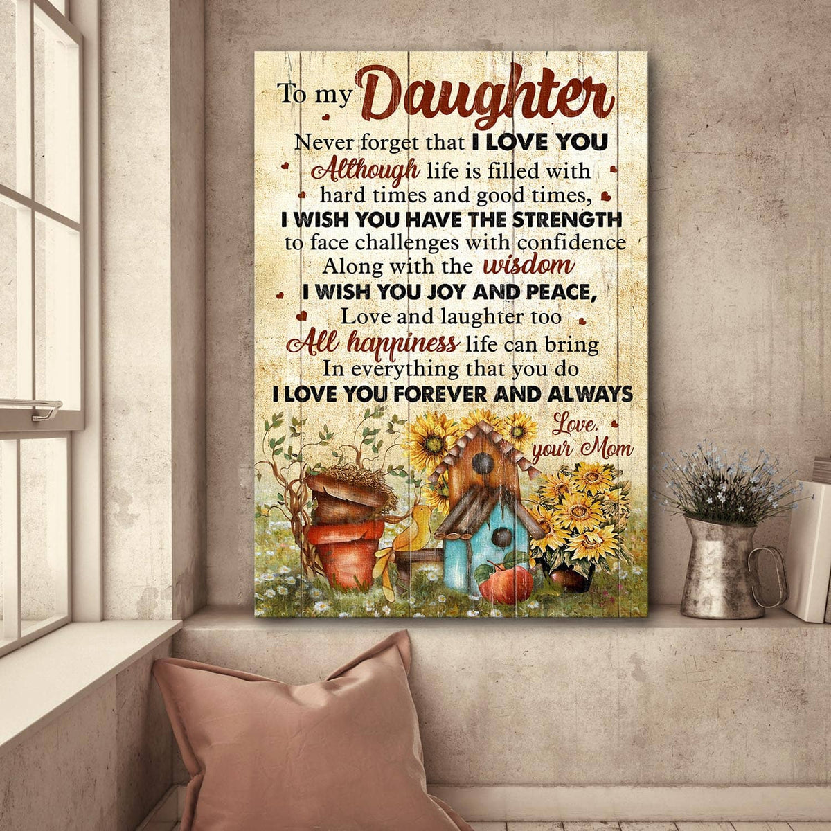Mom to daughter, Birdhouse, Sunflower, Garden, I love you forever and always - Family Portrait Canvas Prints, Wall Art
