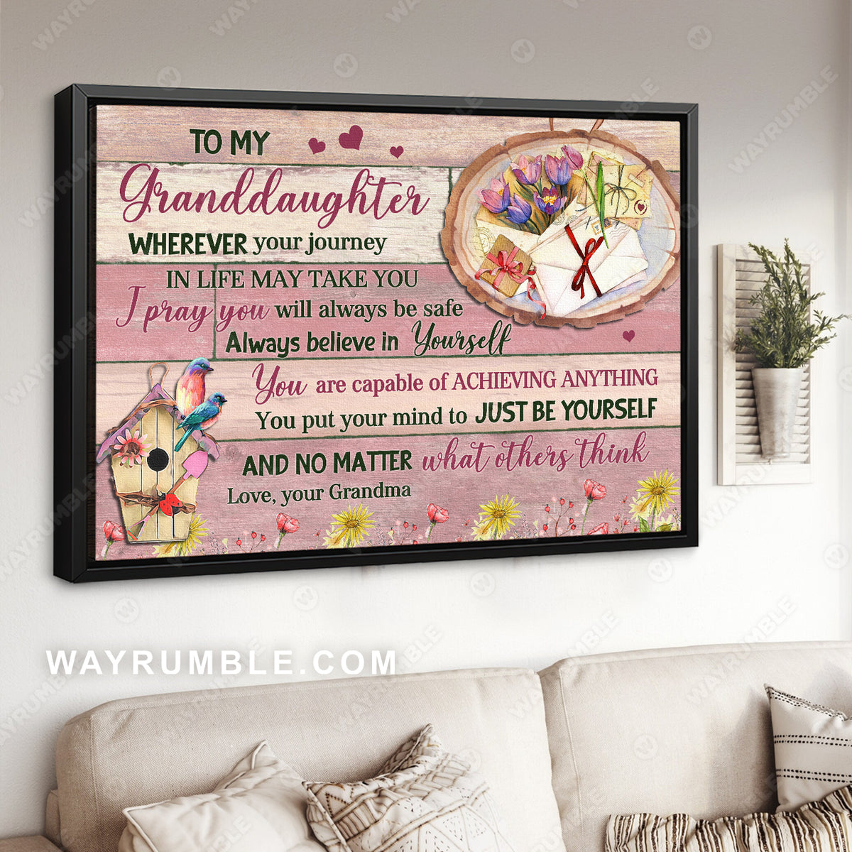 Grandma to granddaughter, Floral letters, Hummingbird, Pink background, Just be yourself- Family Landscape Canvas Prints, Wall Art