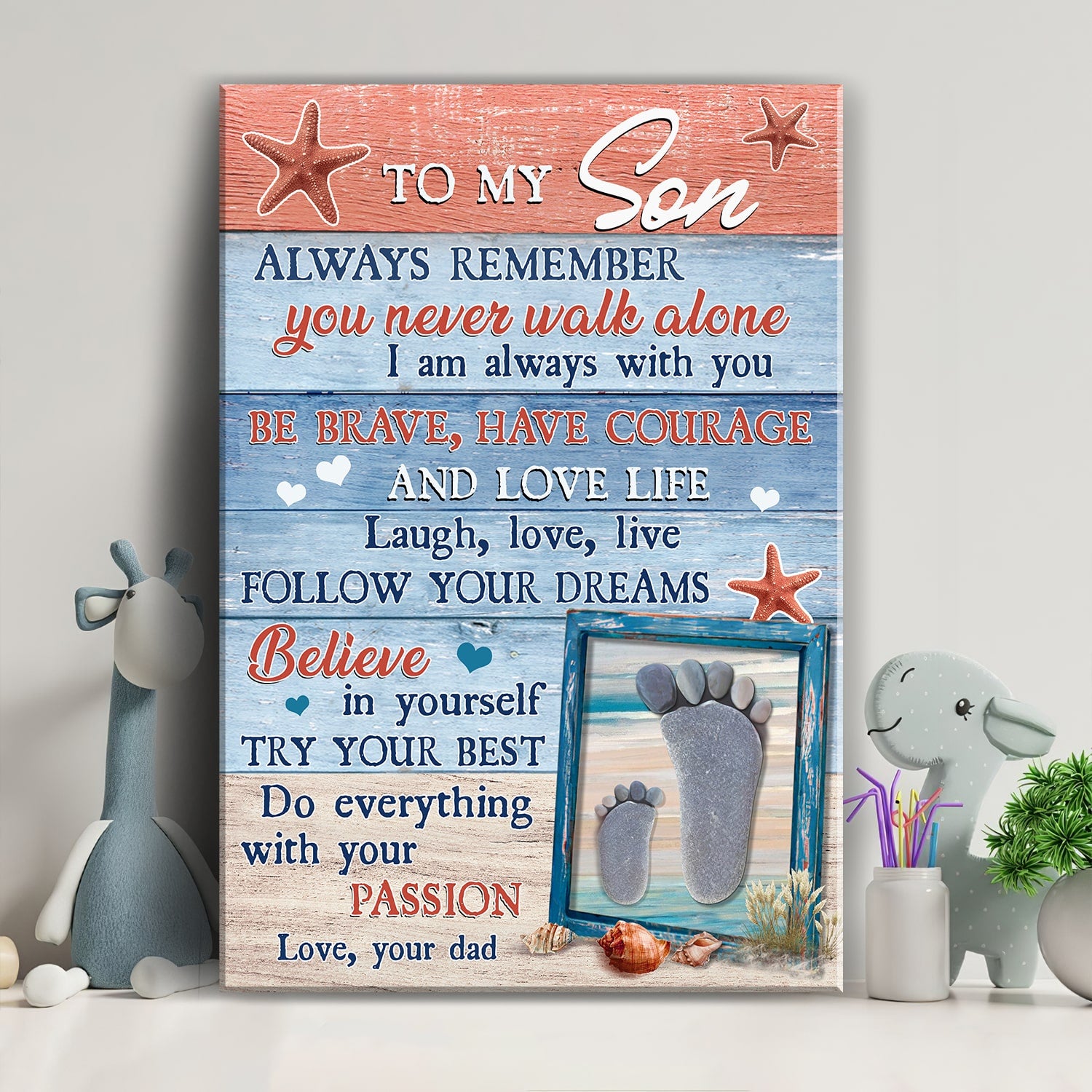 Dad to son, Pebble footprints, Beach, Always remember you never walk alone - Family Portrait Canvas Prints, Wall Art