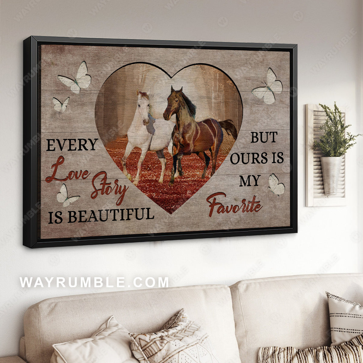 Horse drawing, Autumn forest, Heart shape, Every love story is beautiful - Family Landscape Canvas Prints, Wall Art