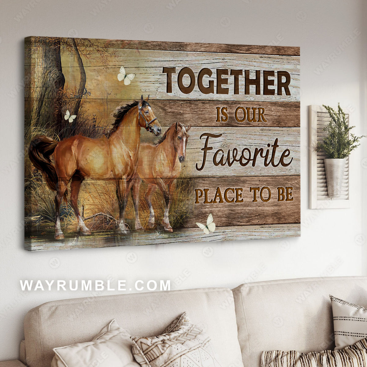 Brown horse, Horse couple, White butterfly, Together is our favorite - Family Landscape Canvas Prints, Wall Art