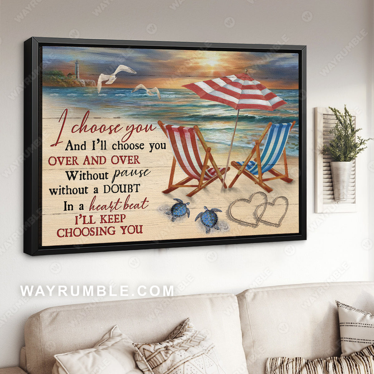Beach scene, Beach chairs, Sea turtle, Heart shape, I choose you - Family Landscape Canvas Prints, Wall Art