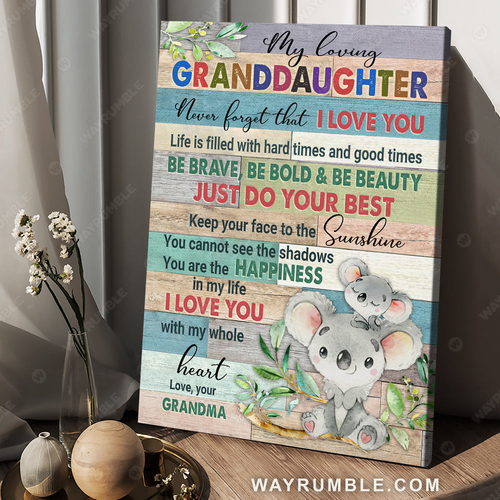 Grandma to granddaughter, Koala drawing, Colorful painting, You are the happiness in my life - Family Portrait Canvas Prints, Wall Art
