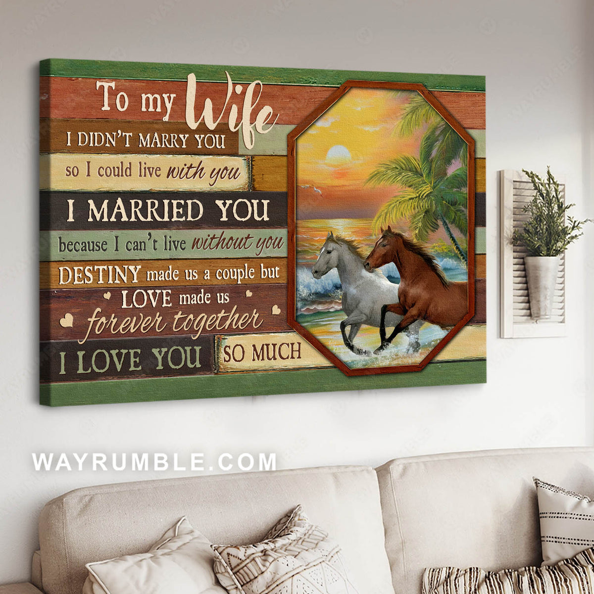 To my wife, White horse, Brown horse, Sunset beach, Destiny made us a couple - Family Landscape Canvas Prints, Wall Art