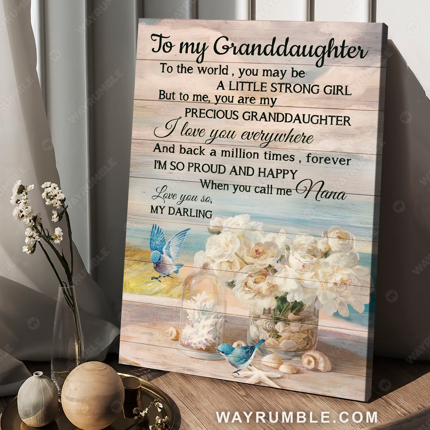 Grandma to granddaughter, White rose vase, Blue bird painting, I'm happy when you call me nana - Family Portrait Canvas Prints, Wall Art