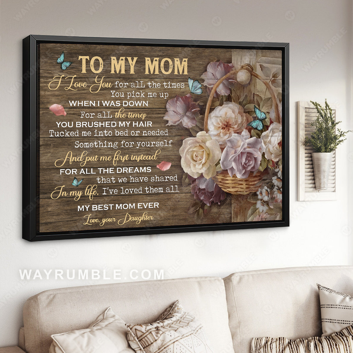 Daughter to mom, Beautiful flower vase, Blue butterfly, I love you for all the times - Family Landscape Canvas Prints, Wall Art