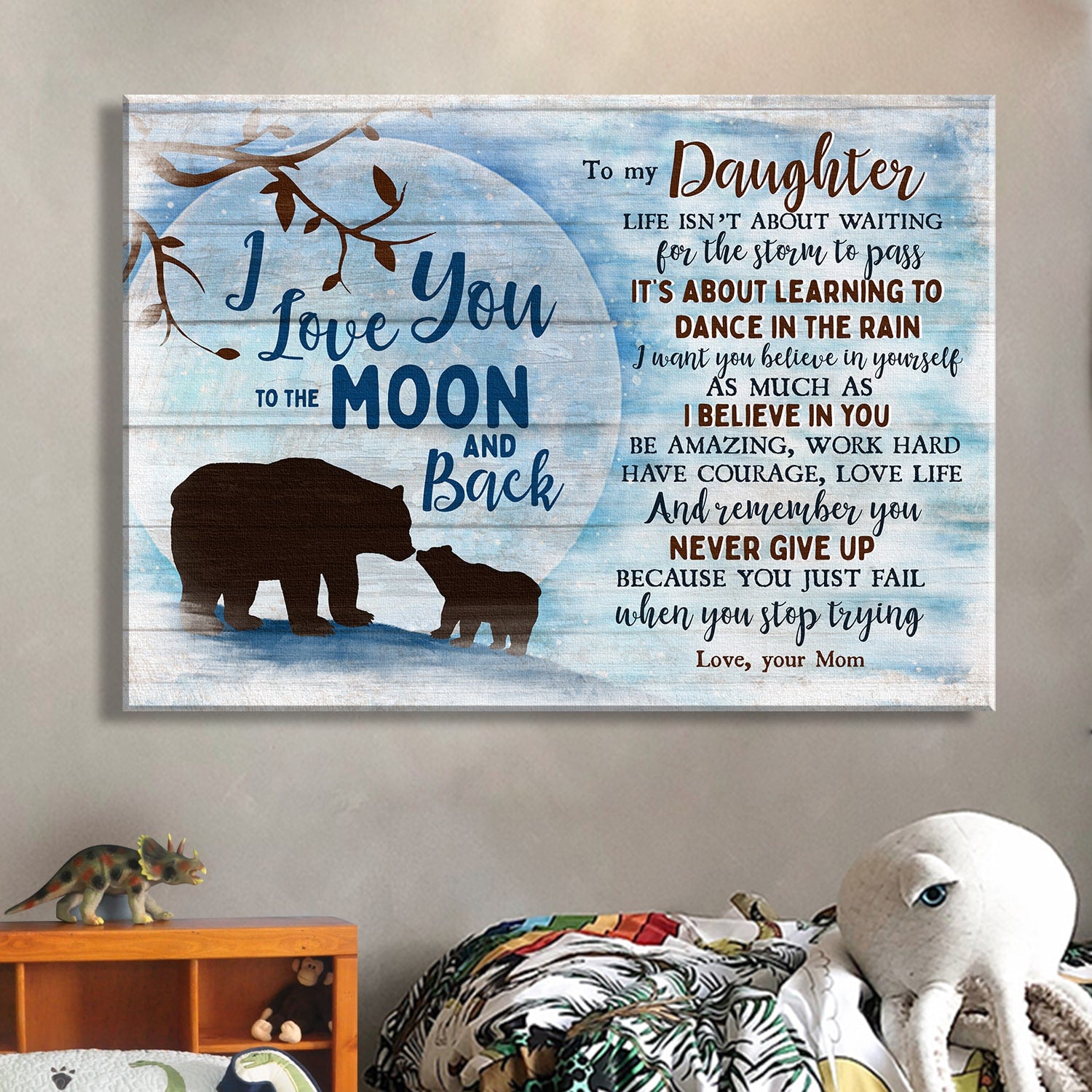 Mom to daughter, Bear mom and child, Moon, I love you to the moon and back - Family Landscape Canvas Prints, Wall Art