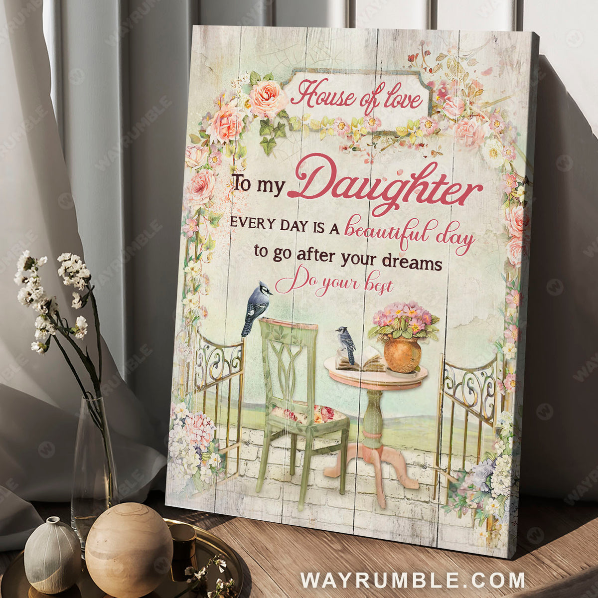 To my daughter, Blue Jay drawing, Flower garden, Every day is a beautiful day - Family Portrait Canvas Prints, Wall Art