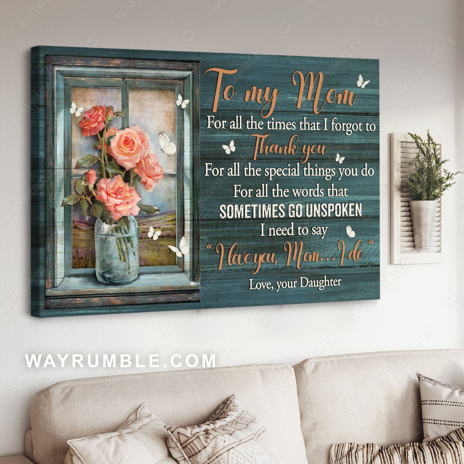 Daughter to mom, Rose flower, White butterfly, Thank you for all the special things - Family Landscape Canvas Prints, Wall Art