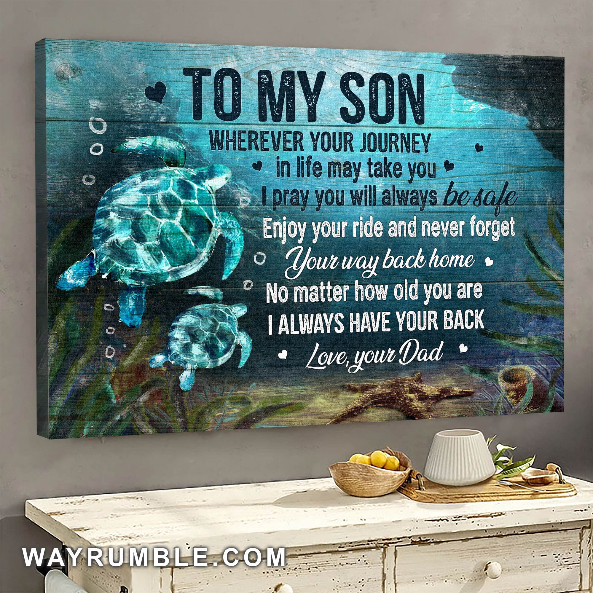 Dad to son, Turtle painting, Blue ocean, Never forget your way back home - Family Landscape Canvas Prints, Wall Art