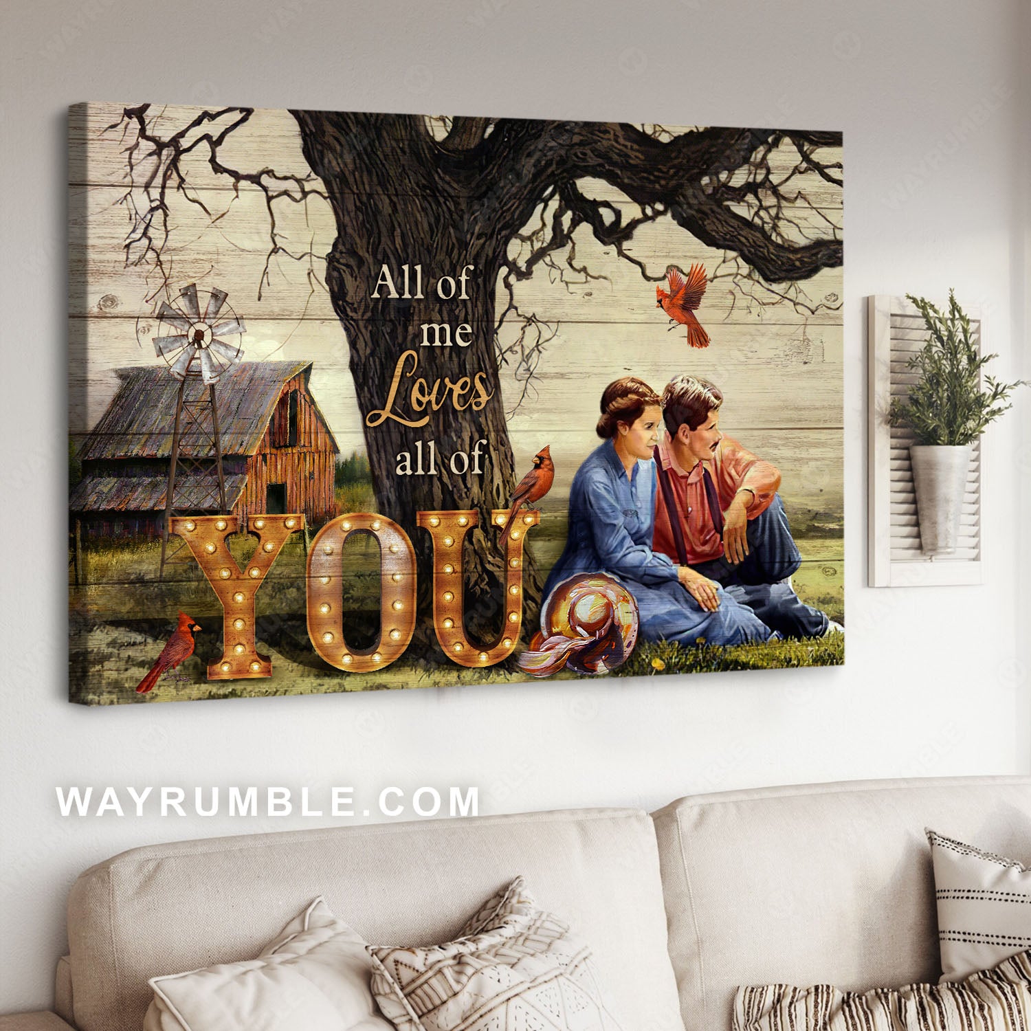 Romantic couple, Green meadow, Cardinal, All of me loves all of you - Family Landscape Canvas Prints, Wall Art