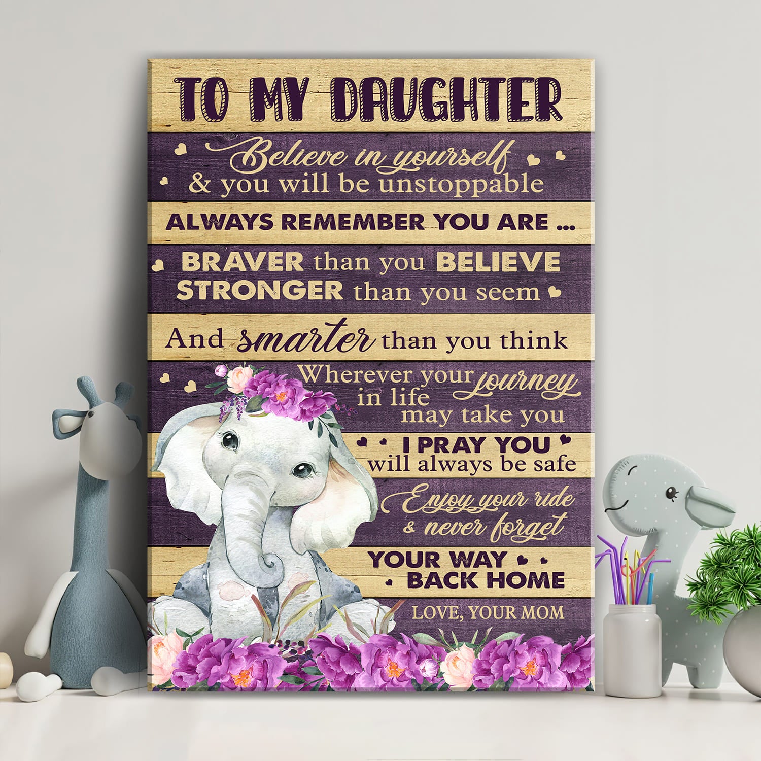 Mom to daughter, Baby Elephant, Flowers, Believe in yourself & You'll be unstoppable - Family Portrait Canvas Prints, Wall Art
