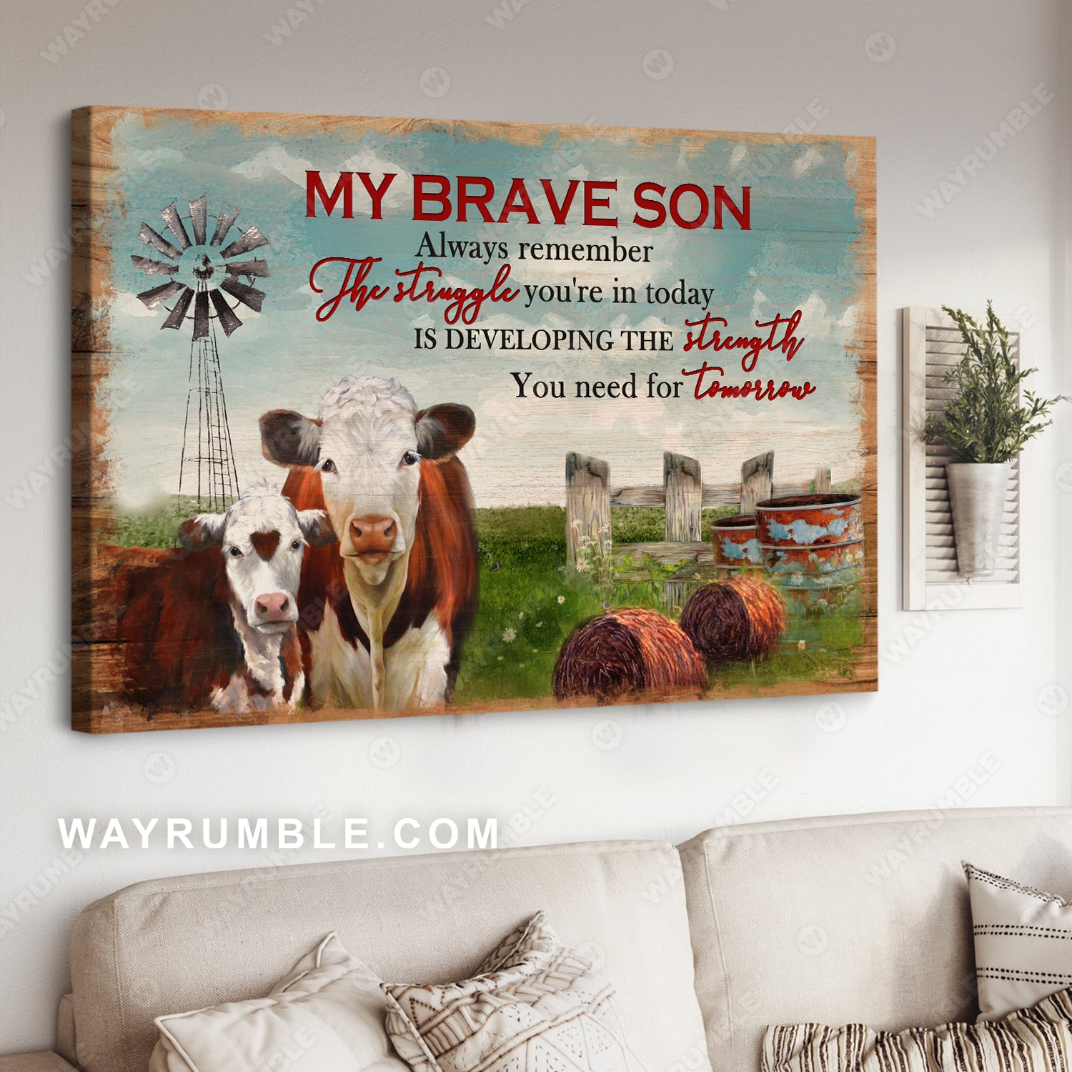 To my son, Cow drawing, Life on farm, Countryside landscape, The struggle you're in today is the strength for tomorrow - Family Landscape Canvas Prints, Wall Art