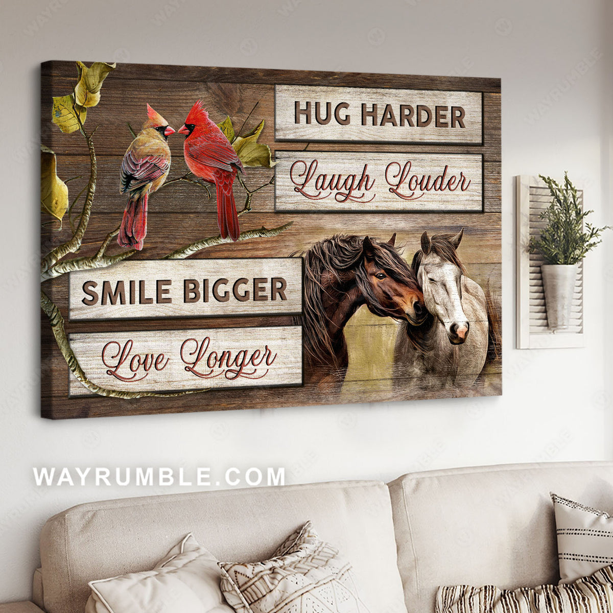 Red cardinals, Horse painting, Animal love, Hug harder laugh louder - Family Landscape Canvas Prints, Wall Art