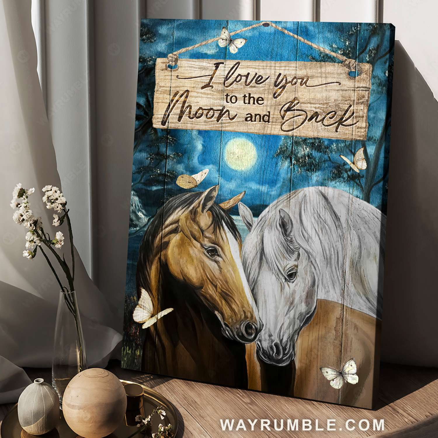 Brown and white horse, Moon night, White butterfly, I love you to the moon and back - Family Portrait Canvas Prints, Wall Art
