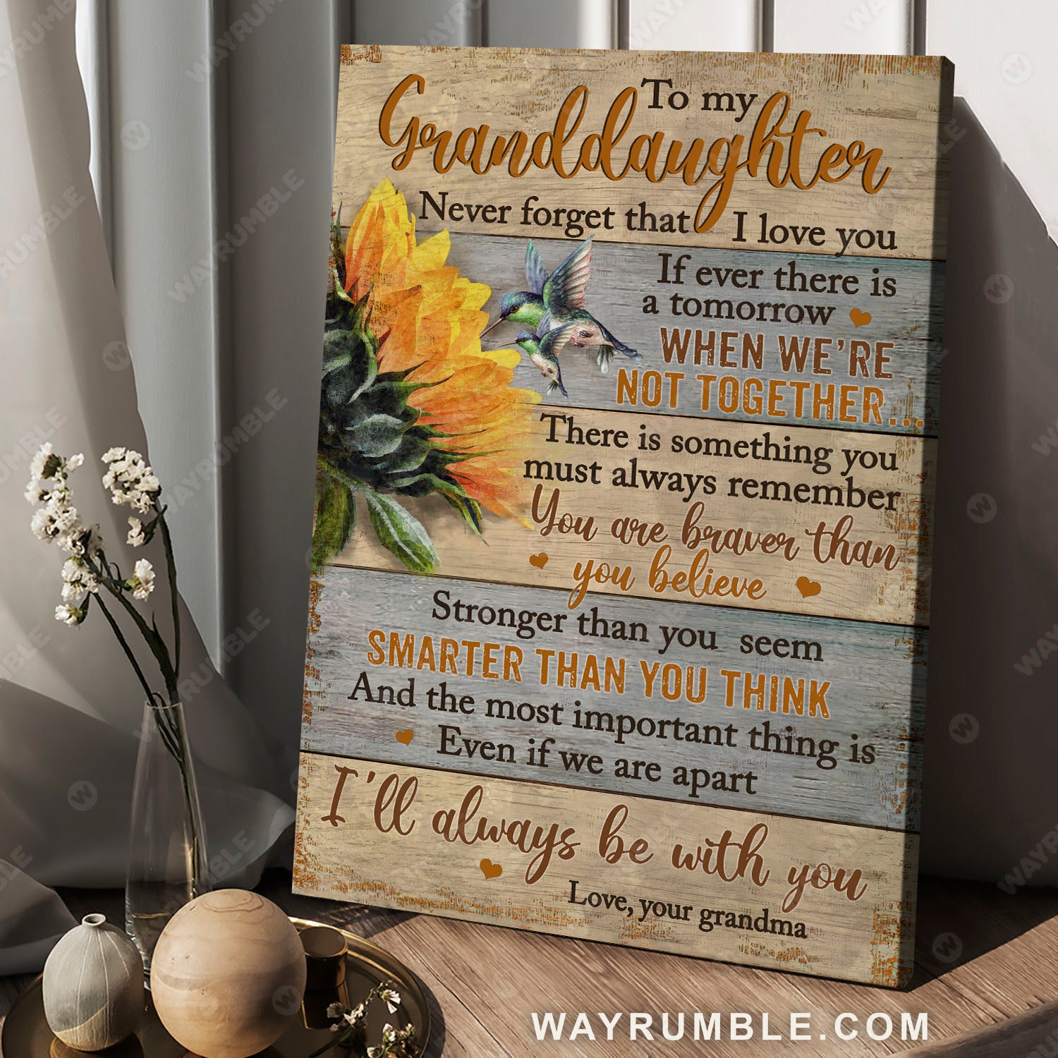 Grandma to granddaughter, Sunflower and hummingbird, Vintage painting, I'll always be with you - Family Portrait Canvas Prints, Wall Art