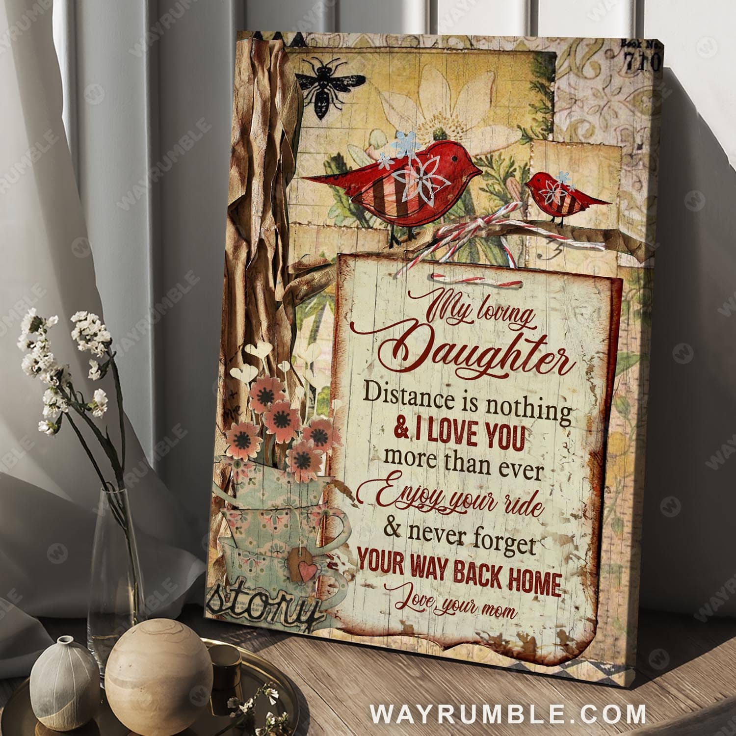 Mom to daughter, Red bird painting, Vintage, I love you more than ever - Family Portrait Canvas Prints, Wall Art