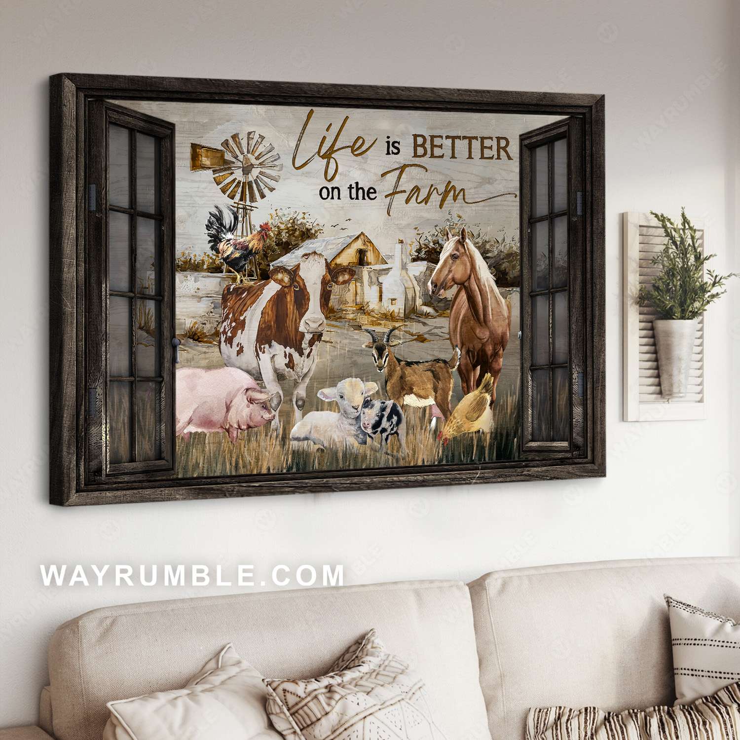 Farm animal, Dairy cow, Brown horse, Rooster chicken, Life is better on the farm - Family Landscape Canvas Prints, Wall Art
