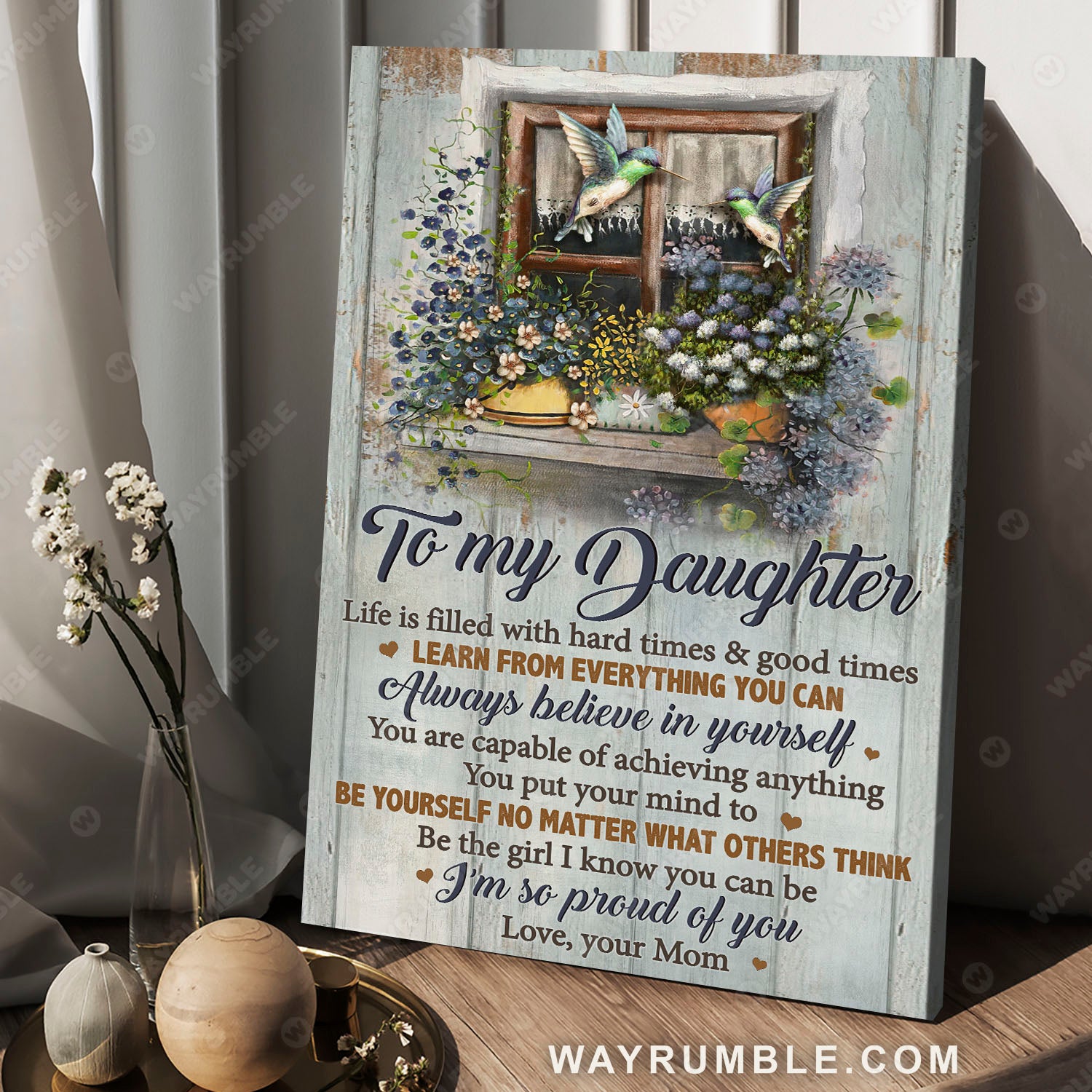 Mom to daughter, Hummingbird painting, Beautiful flowers, I'm so proud of you - Family Portrait Canvas Prints, Wall Art