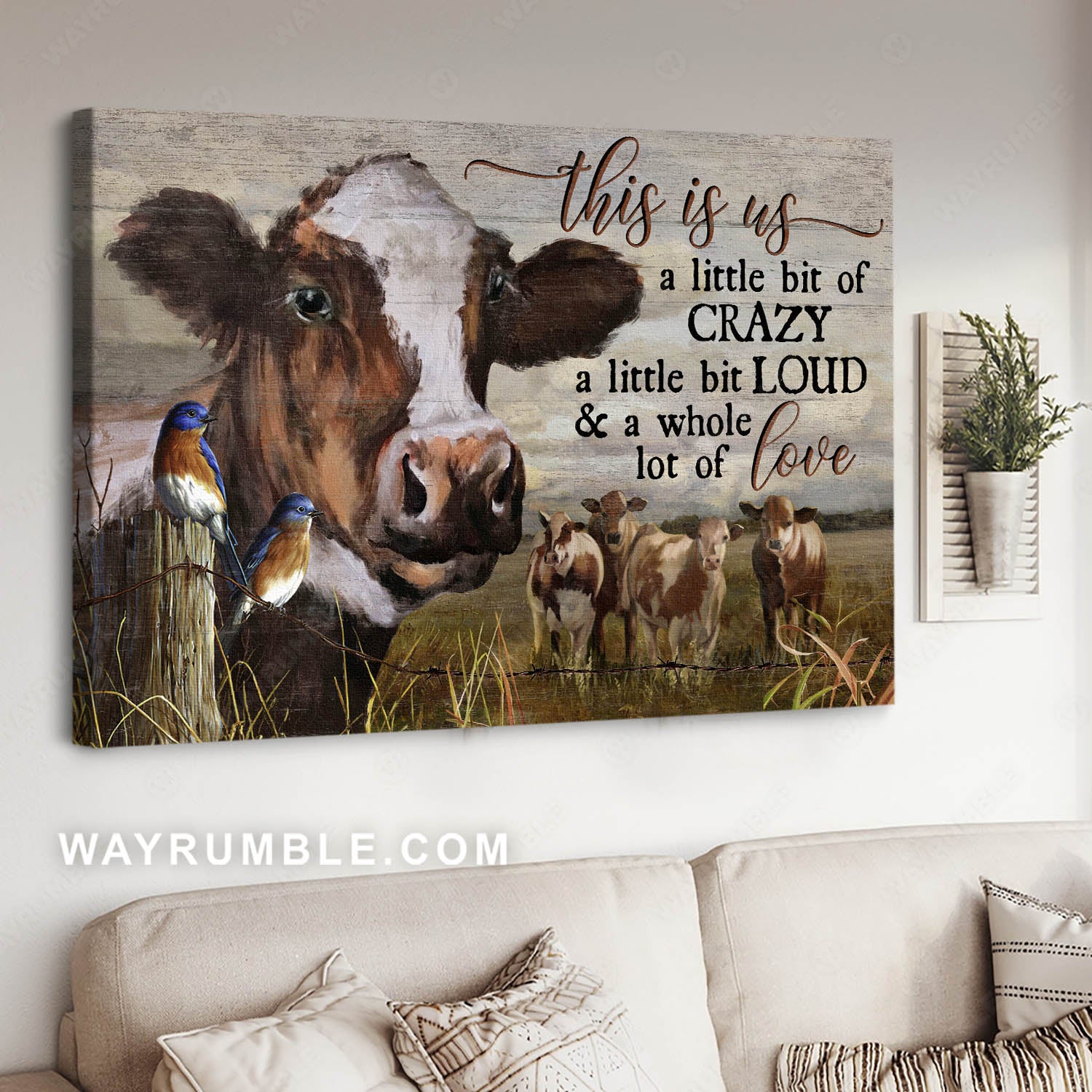 Dairy cows, Blue bird, Farm animal, Grass field, This is us - Family Landscape Canvas Prints, Wall Art