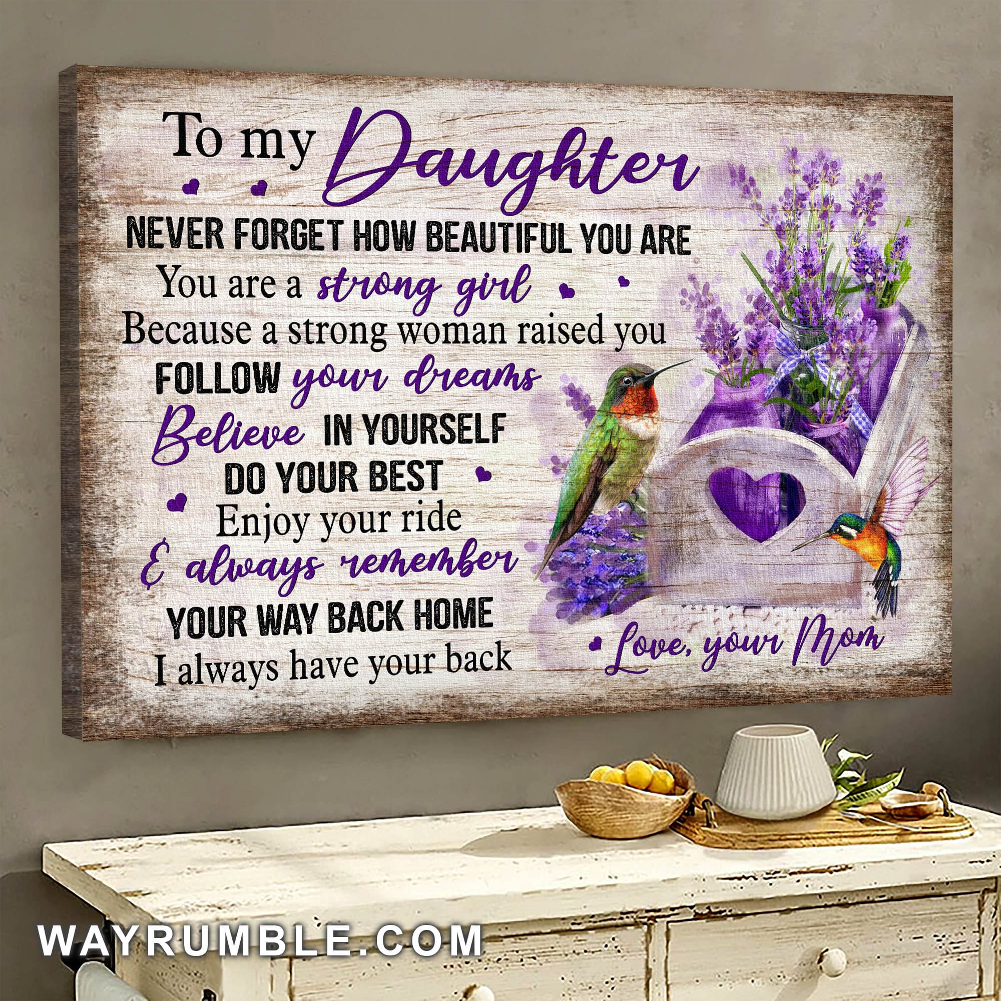 Mom to daughter, Lavender basket, Hummingbird, Enjoy your ride & always remember your way back home - Family Landscape Canvas Prints, Wall Art