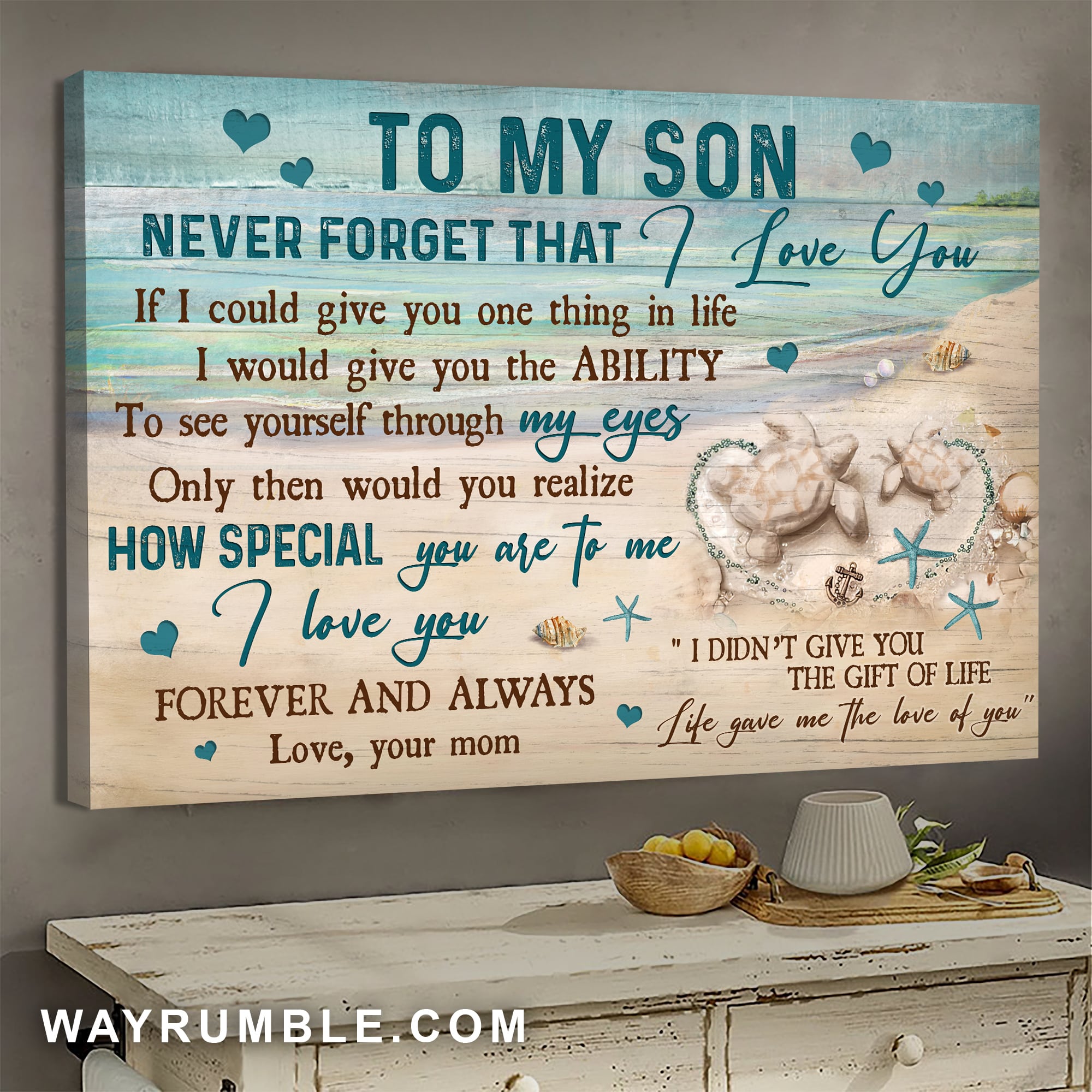 Mom to son, Sand turtle, Life gave me the love of you - Family Landscape Canvas Prints, Wall Art