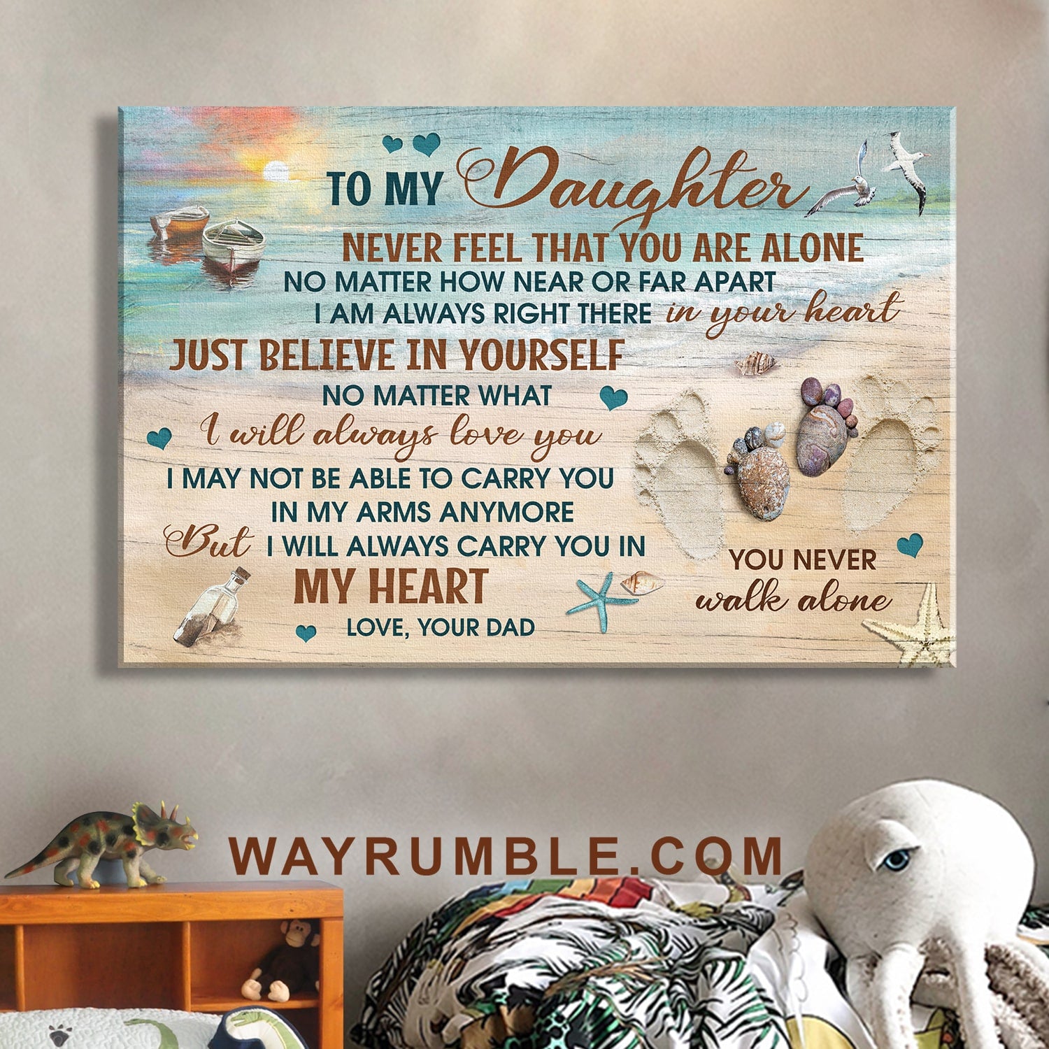 Dad to daughter, Foot Prints, On the beach, No matter what I will always love you - Family Landscape Canvas Prints, Wall Art