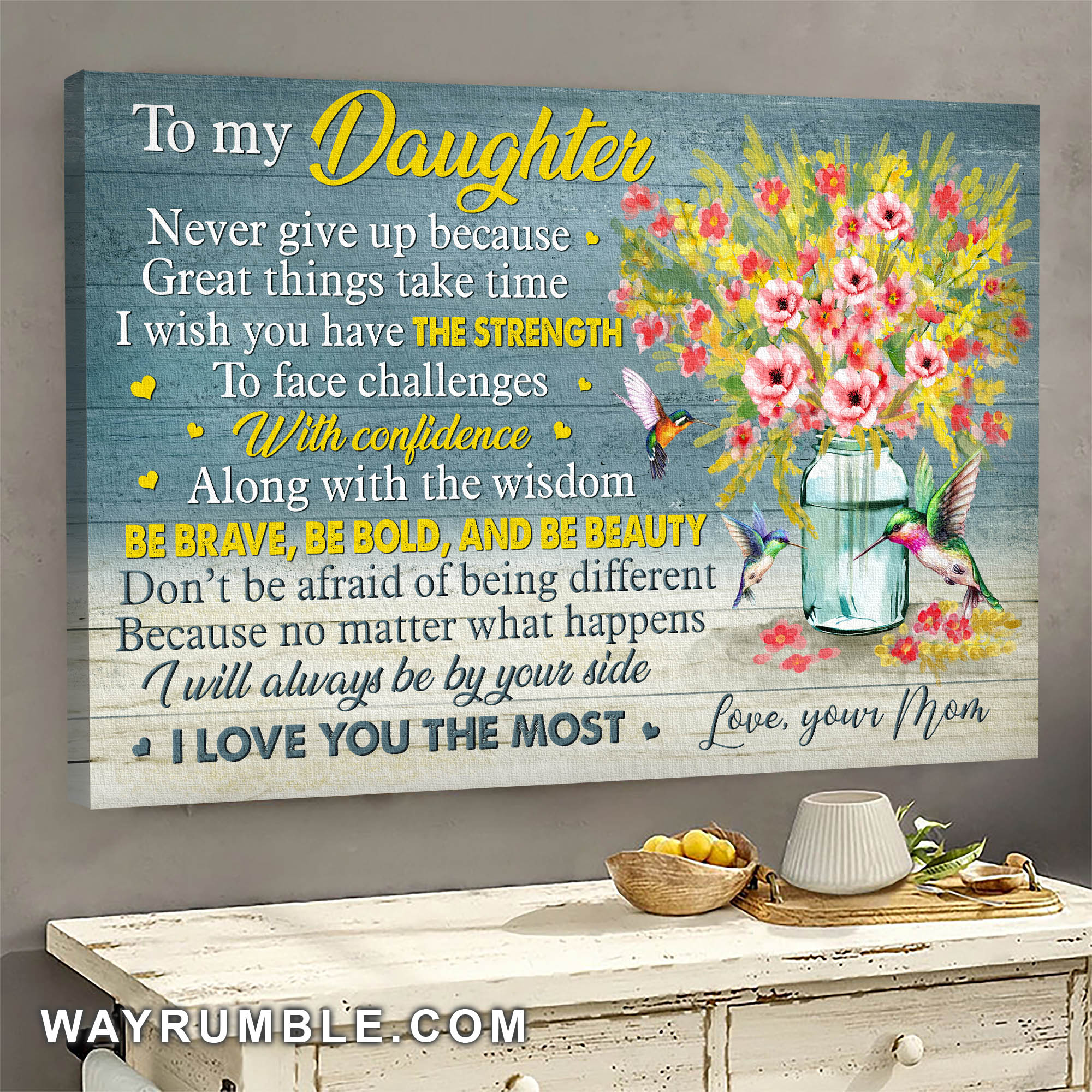 Mom to daughter, Hummingbird, Flower Vase, No matter what happens I'll always be by your side - Family Landscape Canvas Prints, Wall Art