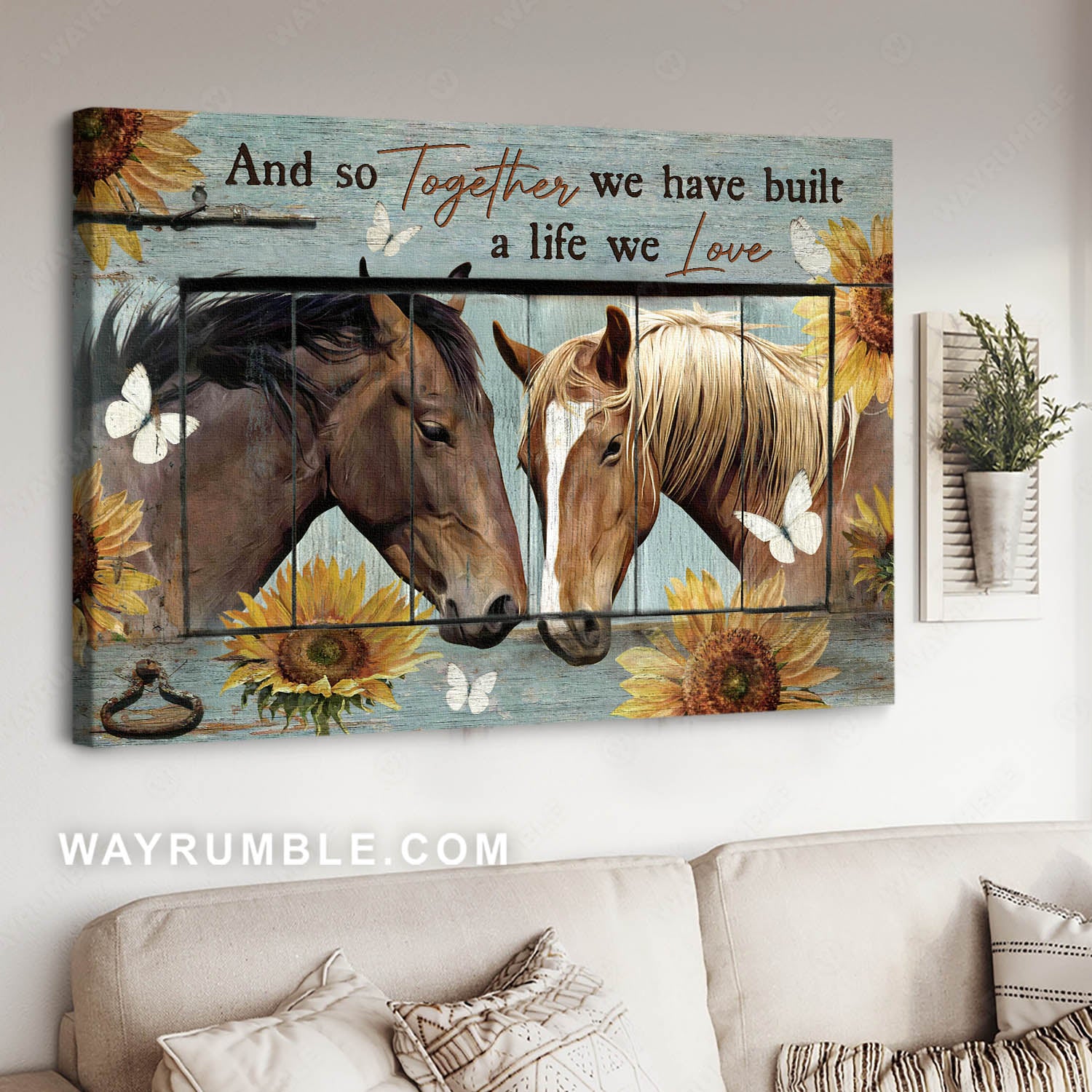 Horse drawing, Sunflower pattern, Vintage background, We have built a life we love - Family Sample Landscape Canvas Prints, Wall Art