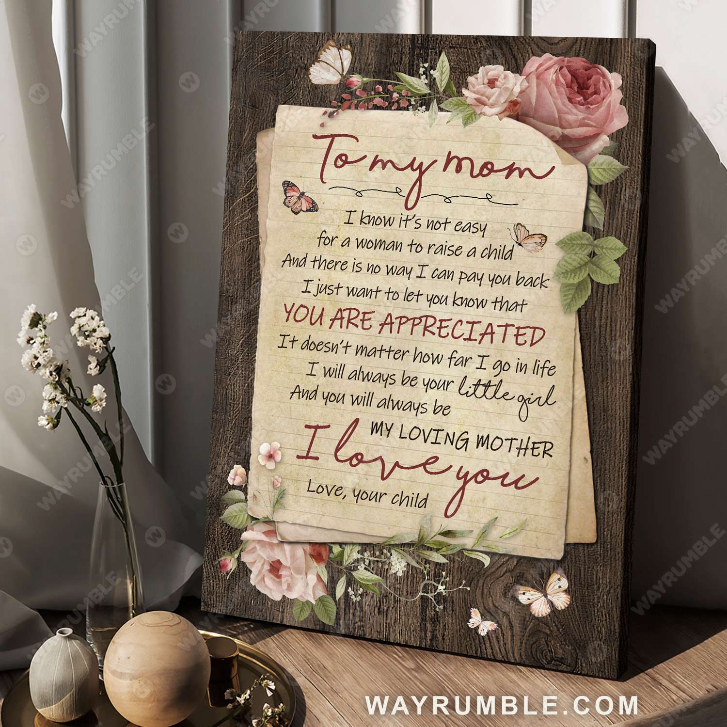 Daughter to mom, Vintage letter, Garden rose, I'll always be your little girl - Family Portrait Canvas Prints, Wall Art