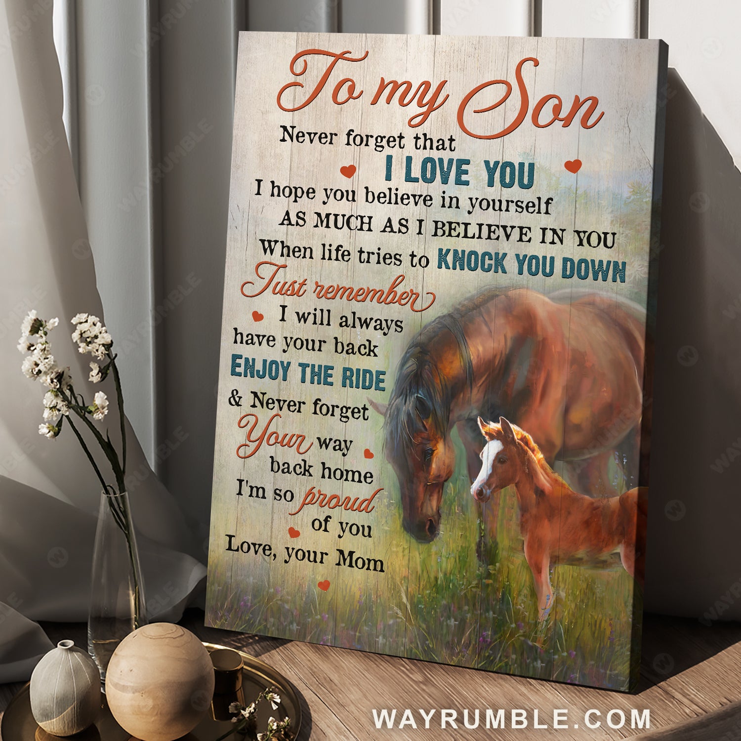 Mom to son, Brown horses, Green meadow, Never forget that I love you - Family Portrait Canvas Prints, Wall Art