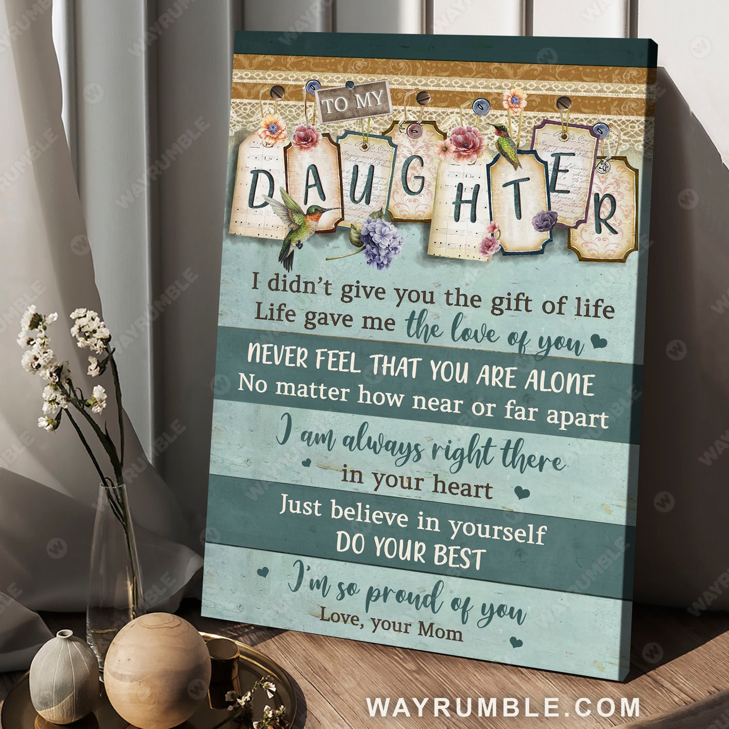 Mom to daughter, Hummingbird, Vintage letter, Just believe in your self - Family Portrait Canvas Prints, Wall Art