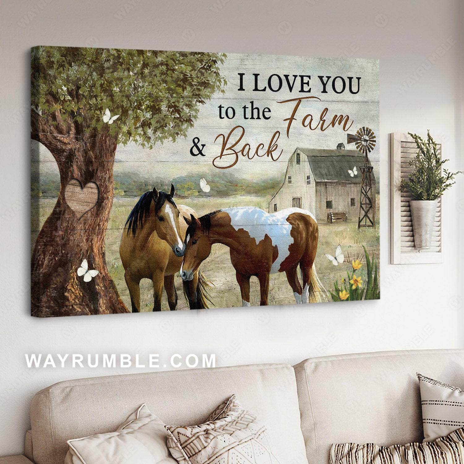 Peace farm, Horse couple, Love tree, I love you to the farm and back - Family Landscape Canvas Prints, Wall Art