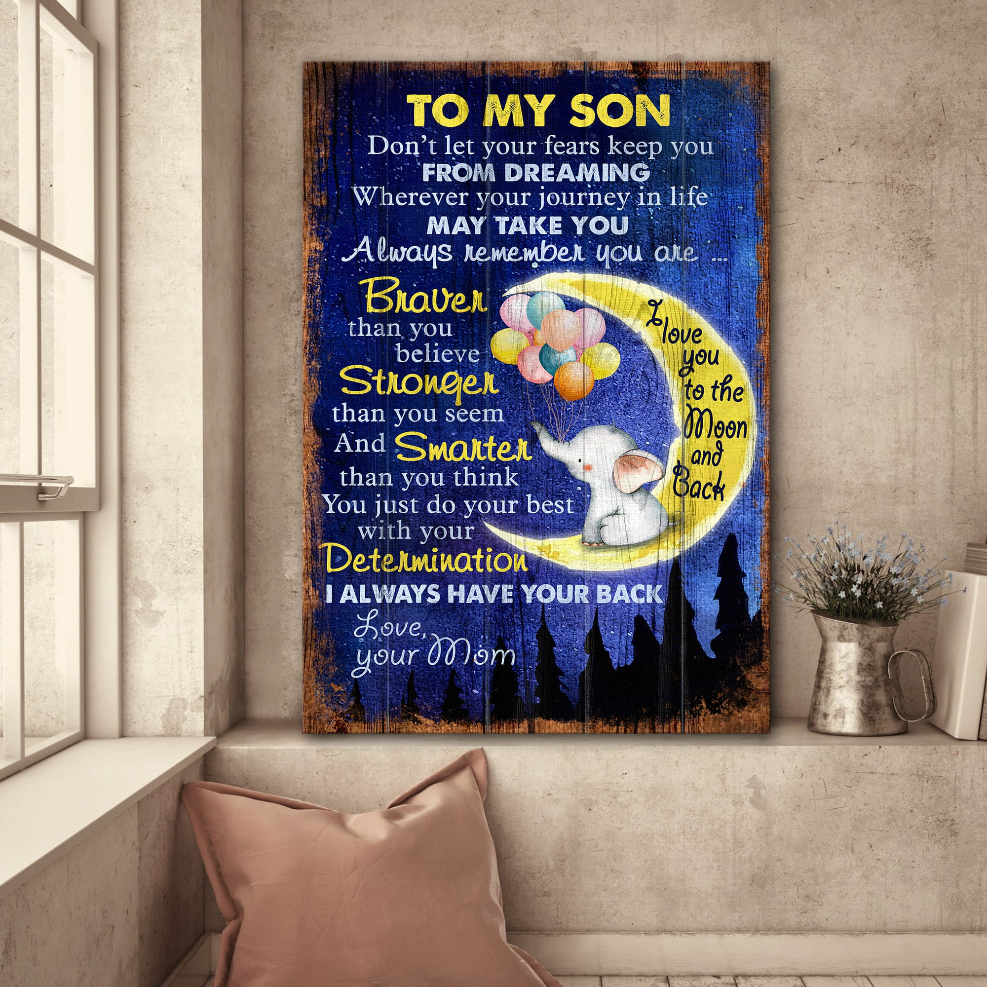 Mom to son, Elephant, Moon, Balloons, I love you to the moon and back - Family Portrait Canvas Prints, Wall Art