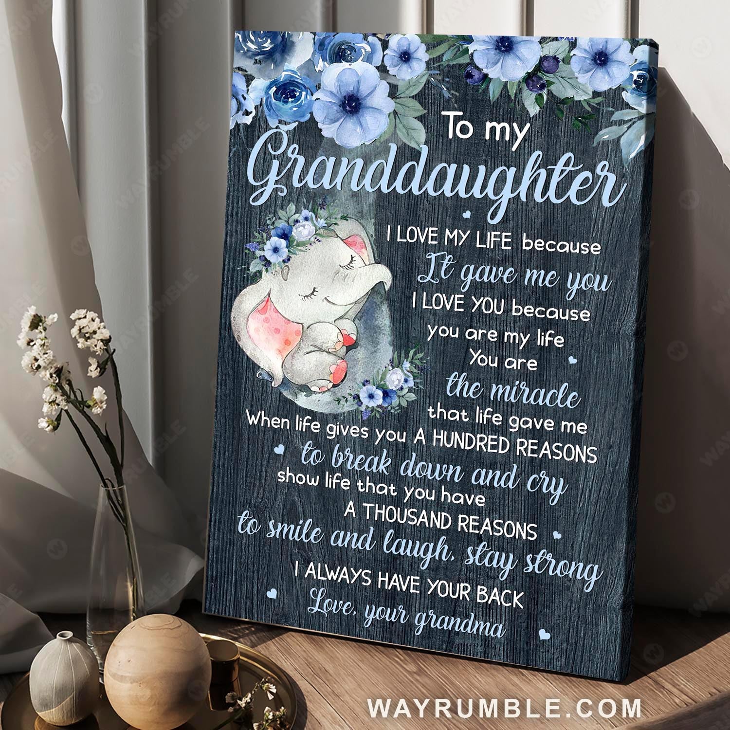 Grandma to granddaughter, Elephant drawing, Blue flower, You are the miracle that life gave me - Family Portrait Canvas Prints, Wall Art